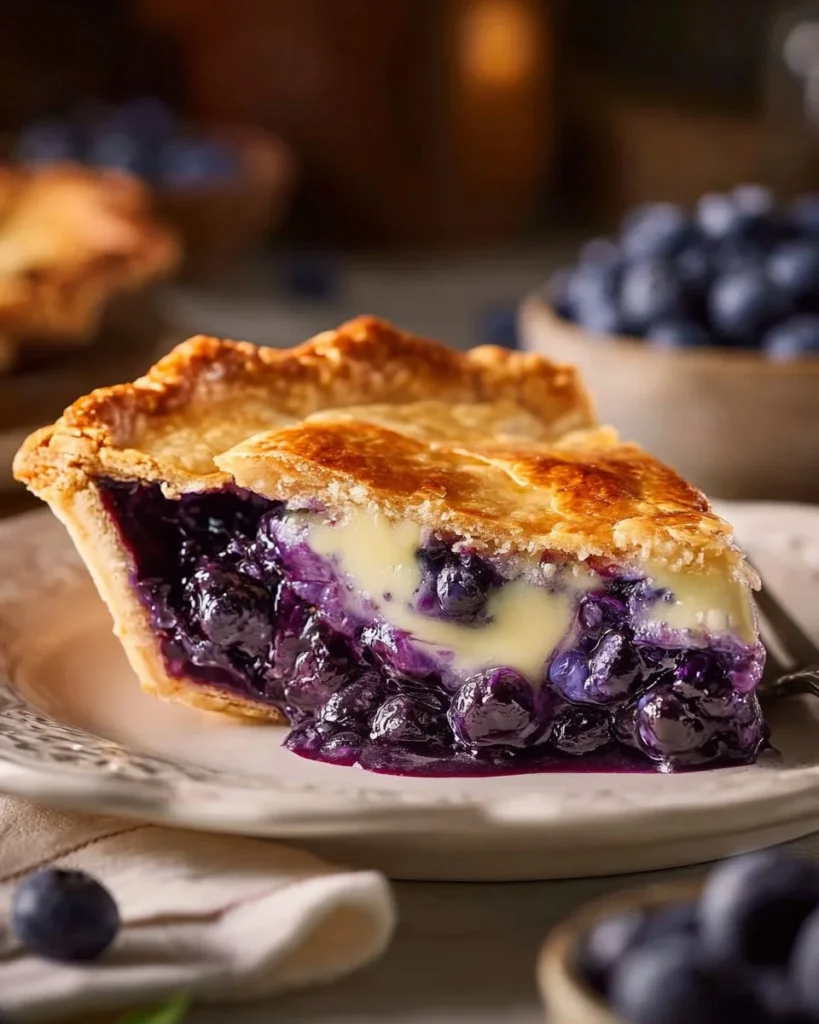 Blueberry Vanilla Lavender Pie slice on white plate