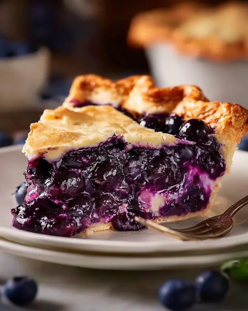 Slice of Blueberry Vanilla Lavender Pie topped with fresh berries and lavender