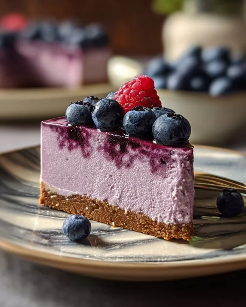 Delicious blueberry white chocolate cheesecake with fresh blueberries on top