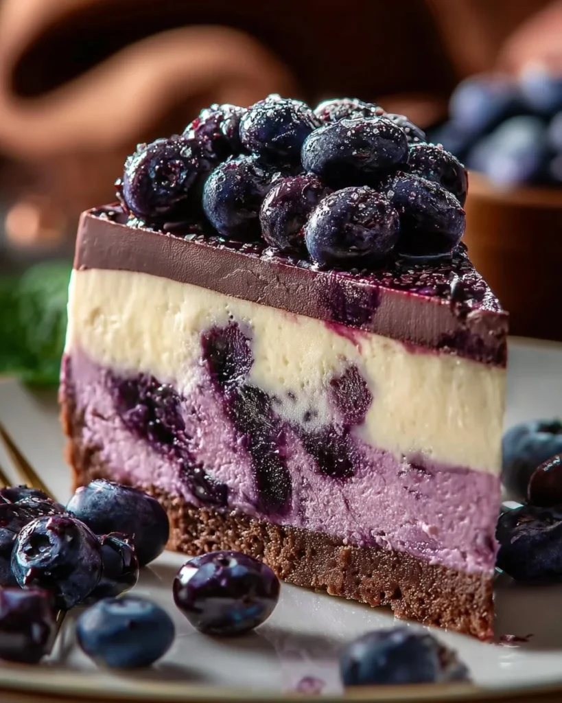 Blueberry White Chocolate Cheesecake topped with fresh blueberries