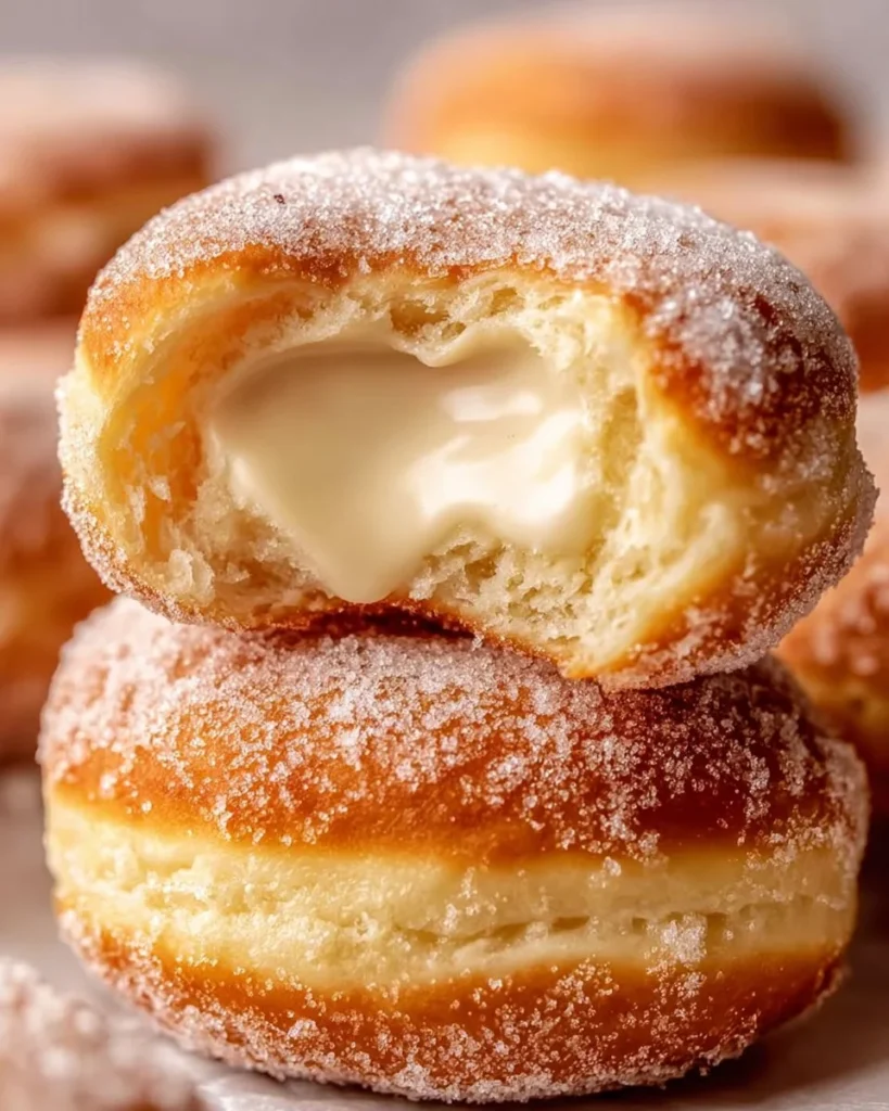 Delicious Bombolini Italian donuts dusted with powdered sugar and filled with cream