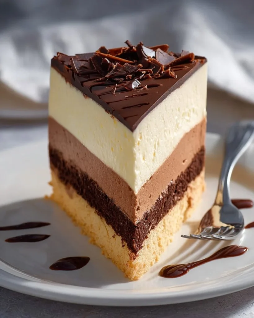 Slice of Boston Chocolate Cream Pie Cheesecake with chocolate drizzle and whipped cream