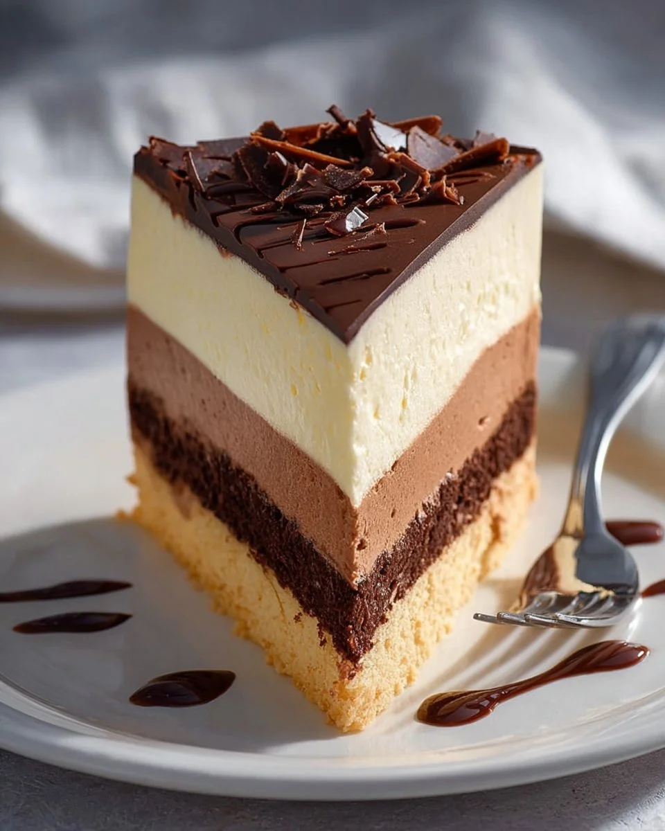 Slice of Boston Chocolate Cream Pie Cheesecake with chocolate drizzle and whipped cream