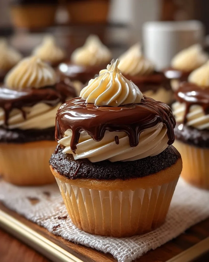 Delicious Boston Cream Cupcakes with chocolate icing and cream filling