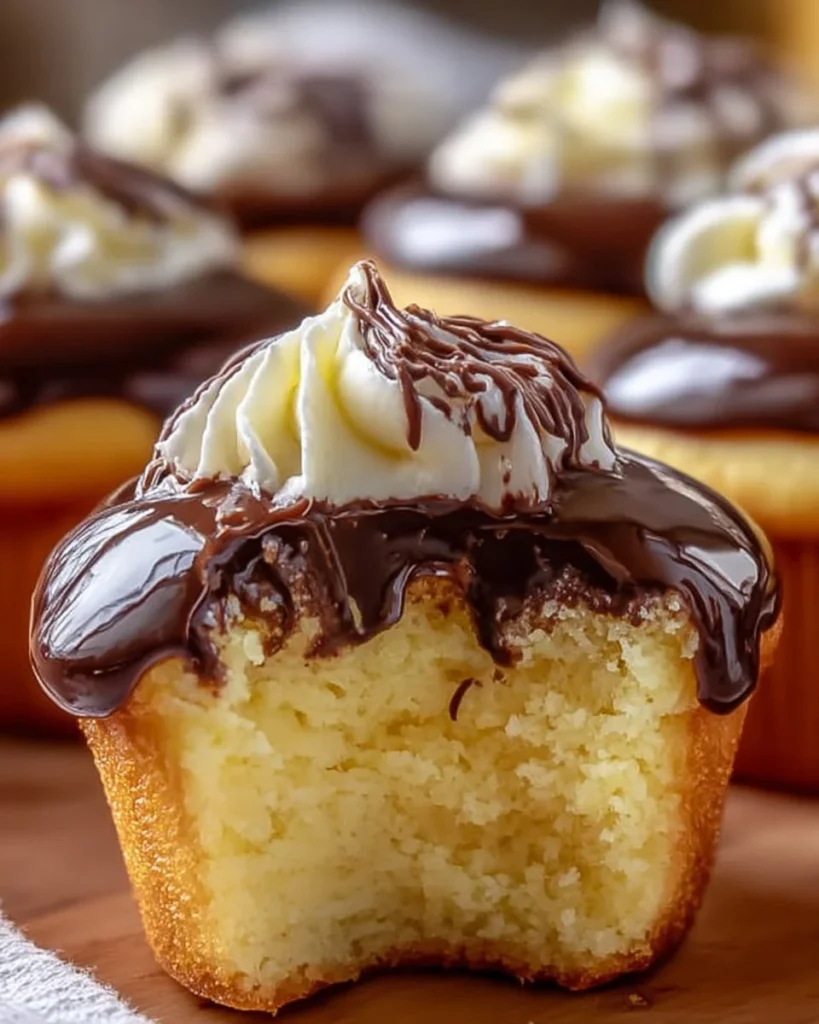Delicious Boston Cream Cupcakes topped with chocolate glaze and custard filling