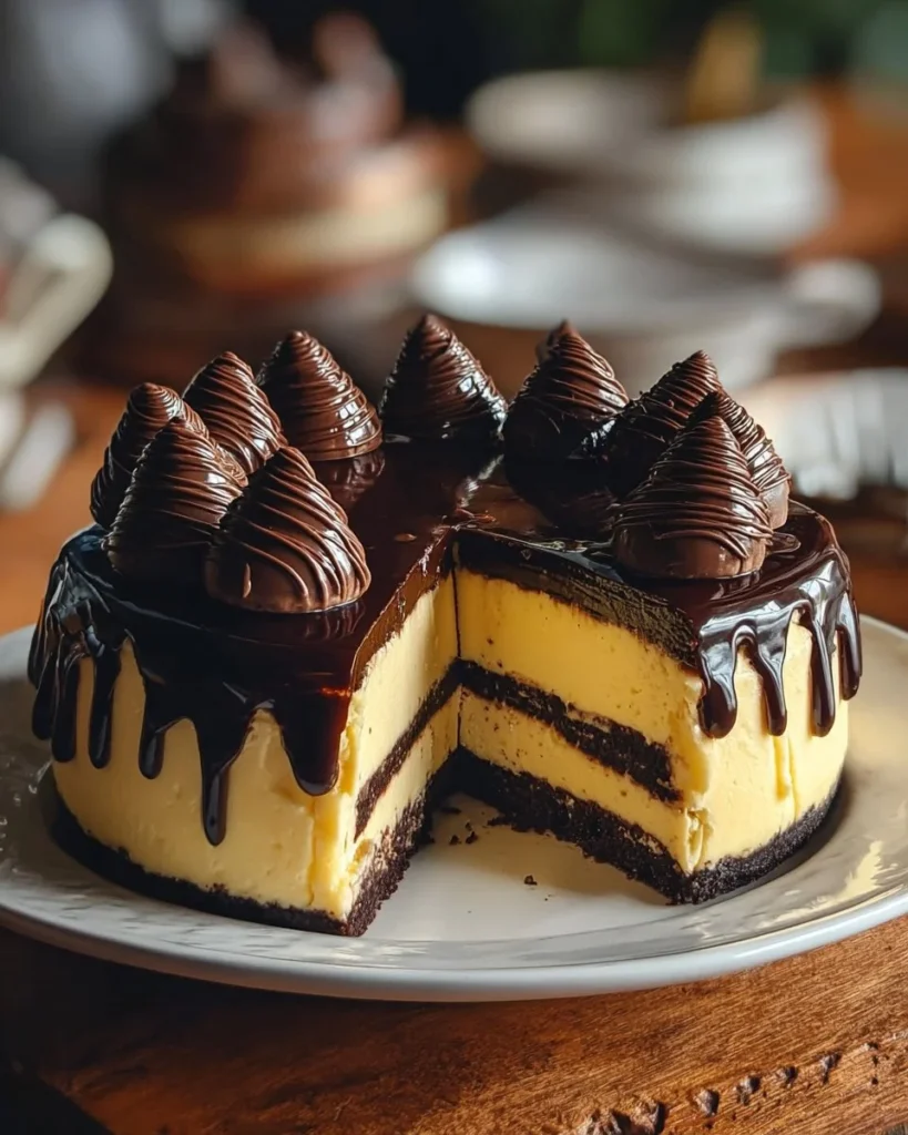 Slices of Boston Cream Pie Cheesecake with chocolate glaze and vanilla custard filling.
