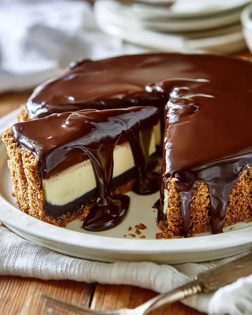 Slice of Boston Cream Pie Cheesecake topped with chocolate ganache