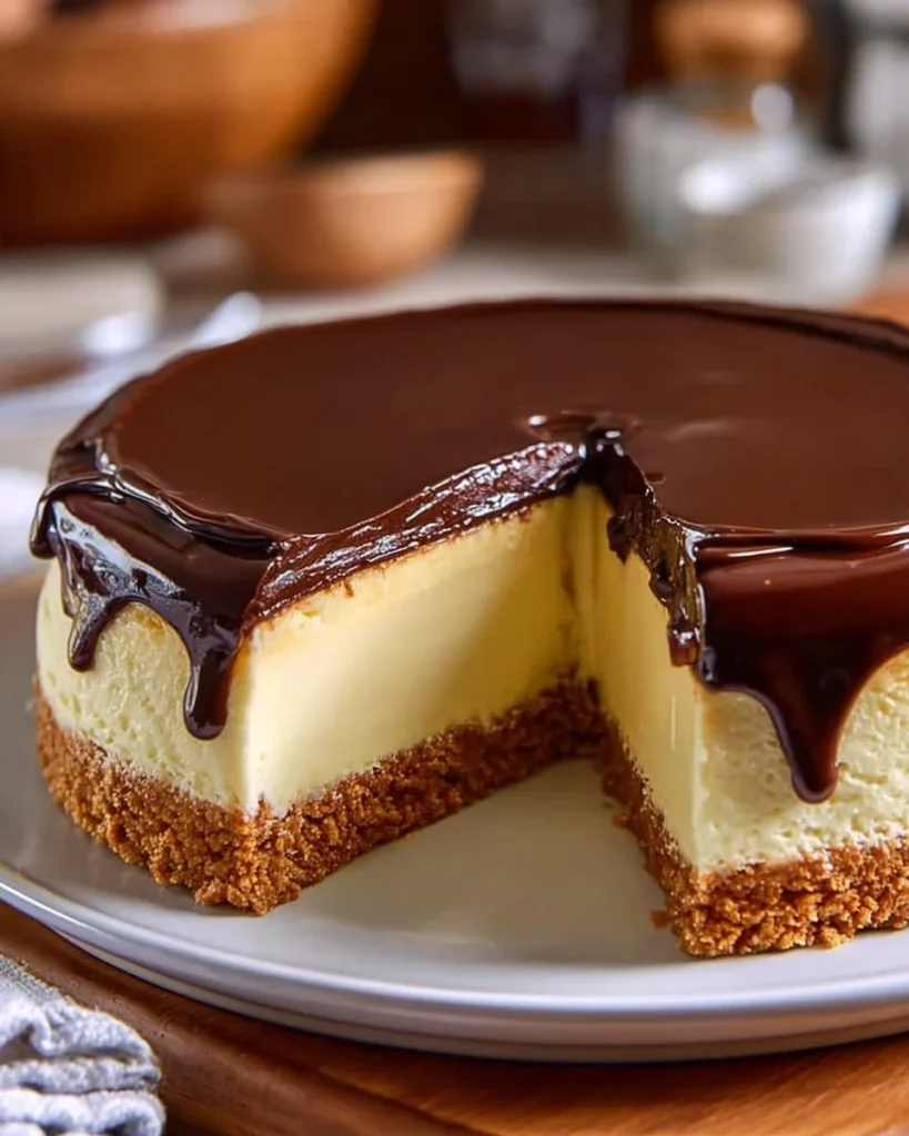 Boston Cream Pie Cheesecake topped with chocolate glaze and whipped cream