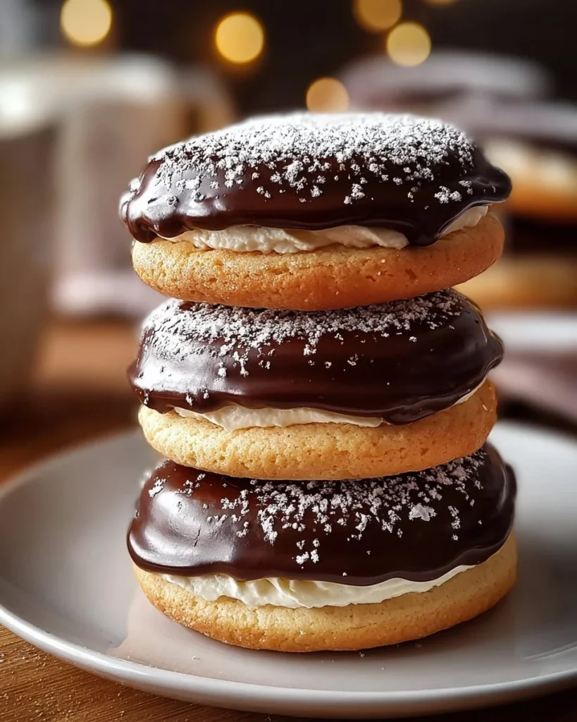 Freshly baked Boston Cream Pie Cookies with chocolate and cream filling
