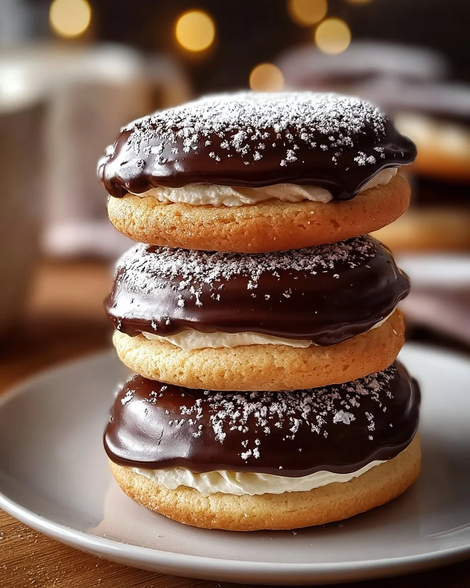 Freshly baked Boston Cream Pie Cookies with chocolate and cream filling