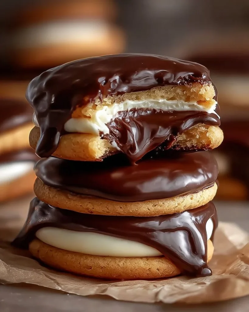Boston Cream Pie Cookies with chocolate icing and creamy filling on a plate