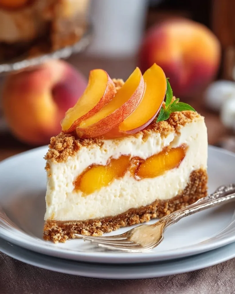 Delicious Bourbon Peach Streusel Cheesecake with fresh peaches and a buttery crust