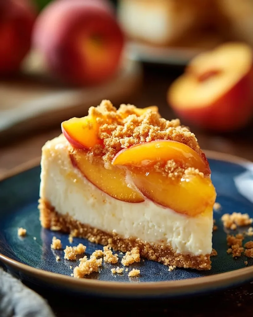 Bourbon Peach Streusel Cheesecake with a crunchy topping and fresh peach slices