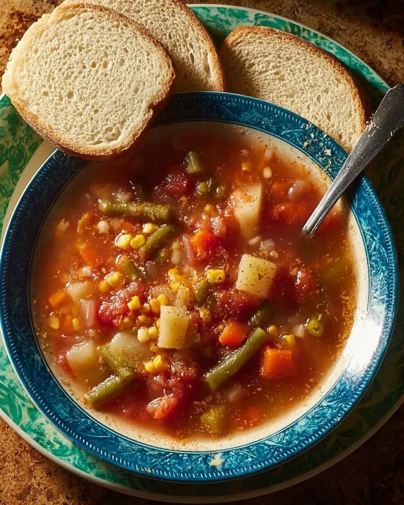 Bowl of fresh vegetable soup with colorful vegetables and herbs