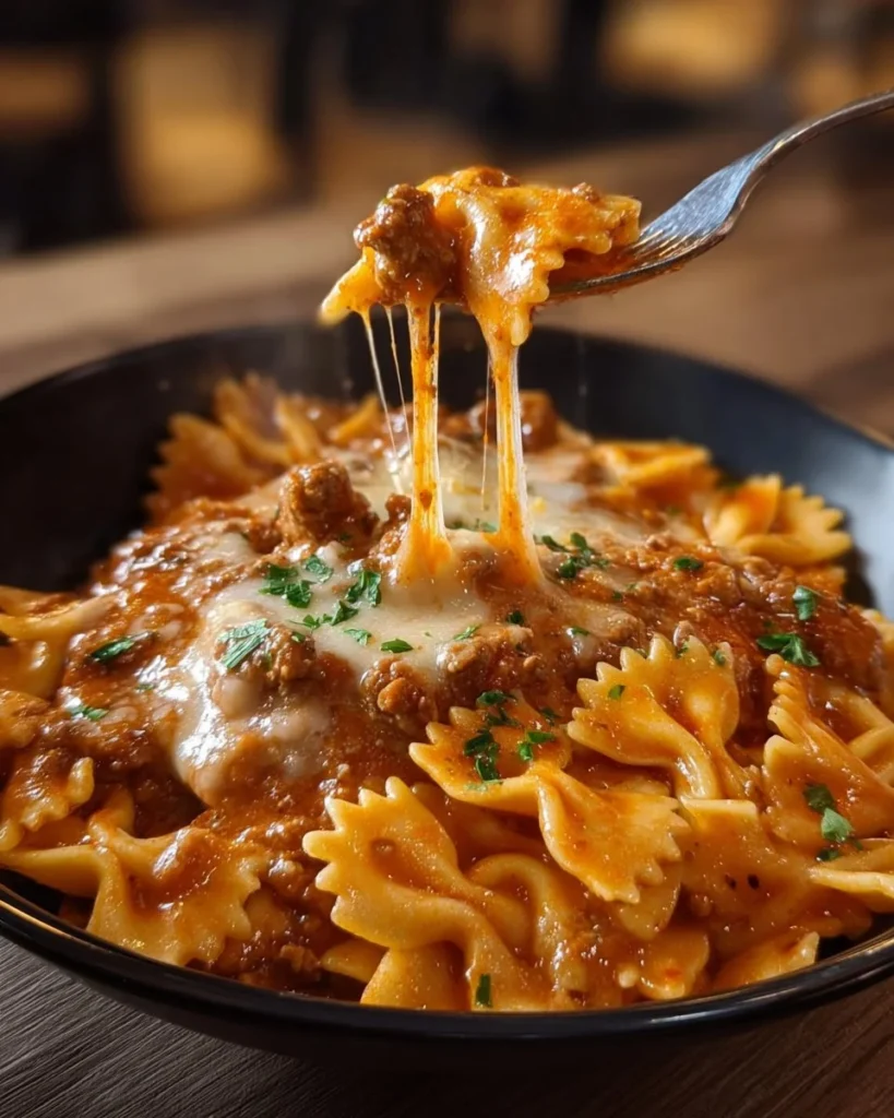 Bowtie pasta served with creamy Velveeta beef sauce