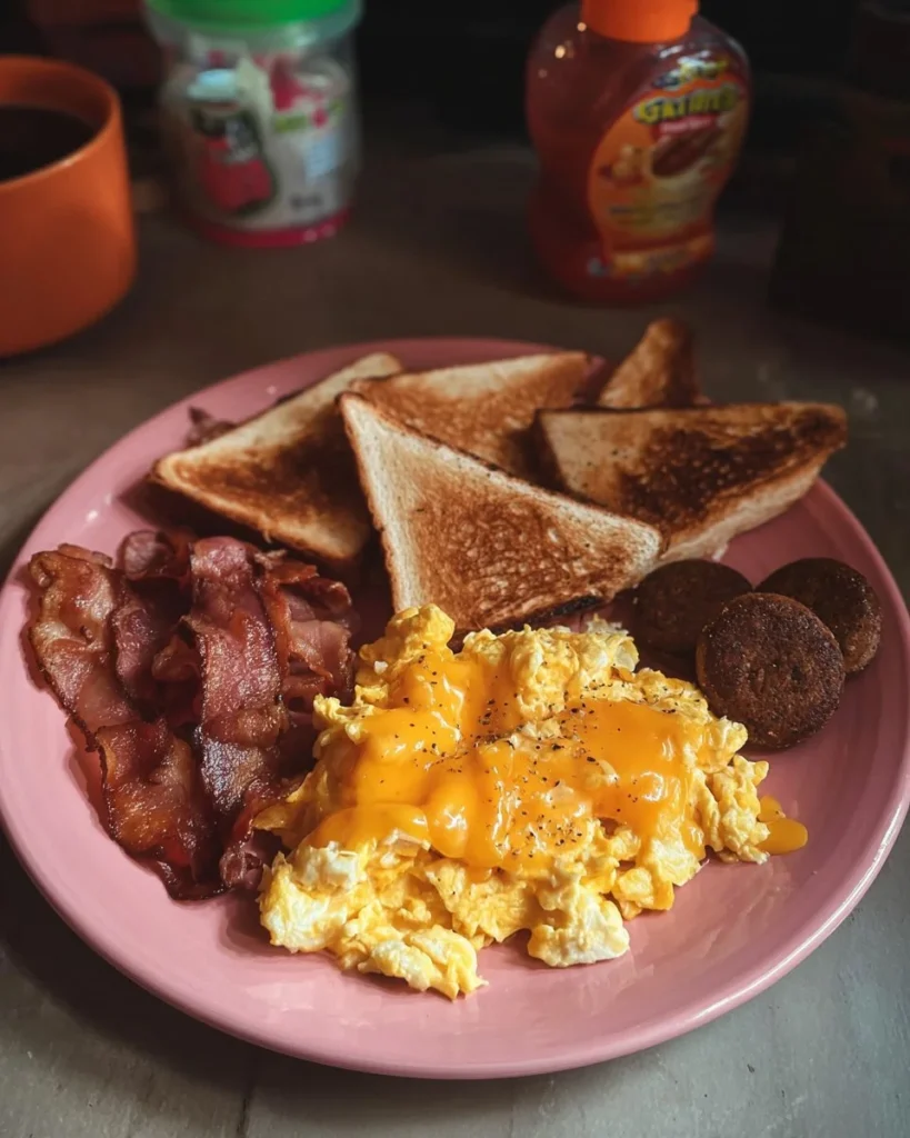 Healthy and colorful breakfast plate with eggs, toast, and fresh fruits.