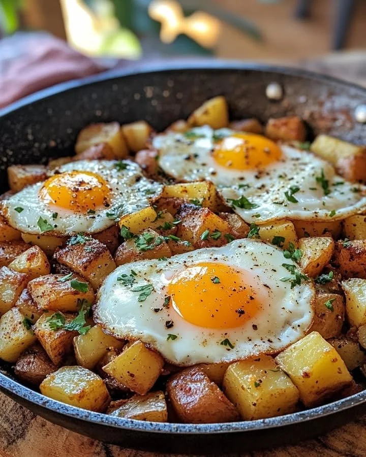 Colorful breakfast potato skillet with vegetables and crispy potatoes.