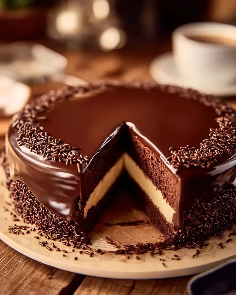 Slice of Brigadeiro Cheesecake topped with chocolate sprinkles and drizzled chocolate.