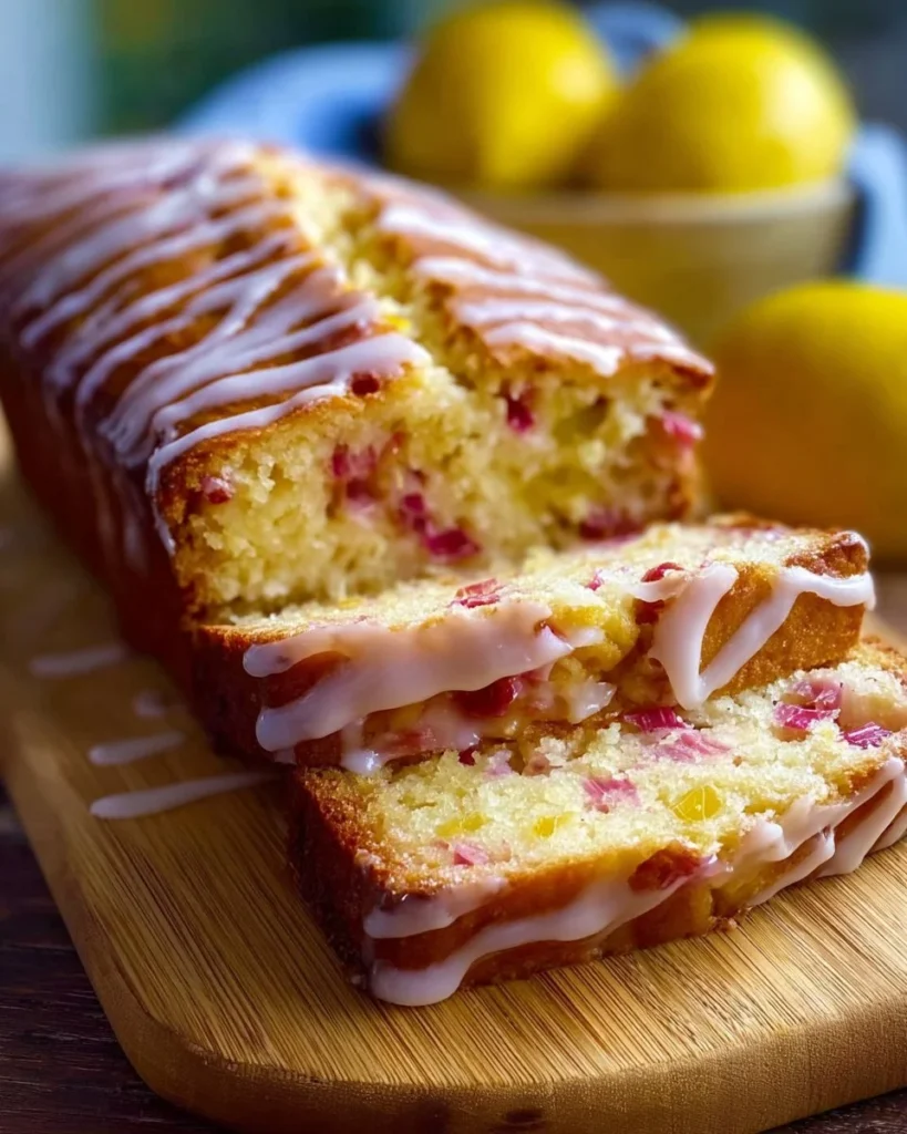Bright lemon rhubarb pound cake topped with a sweet glaze on a white plate