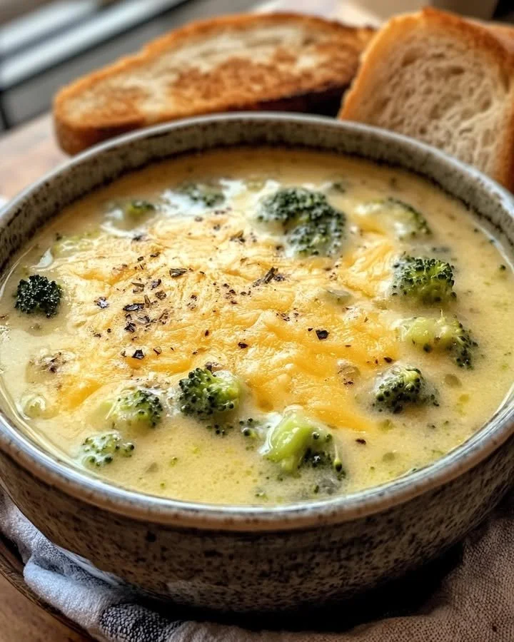 Bowl of delicious Broccoli Cheddar Soup garnished with fresh herbs
