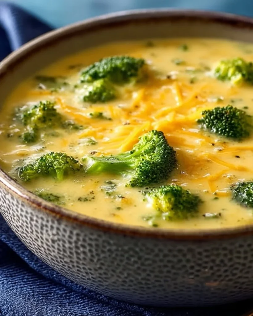 Creamy bowl of broccoli cheese soup garnished with cheese and broccoli florets