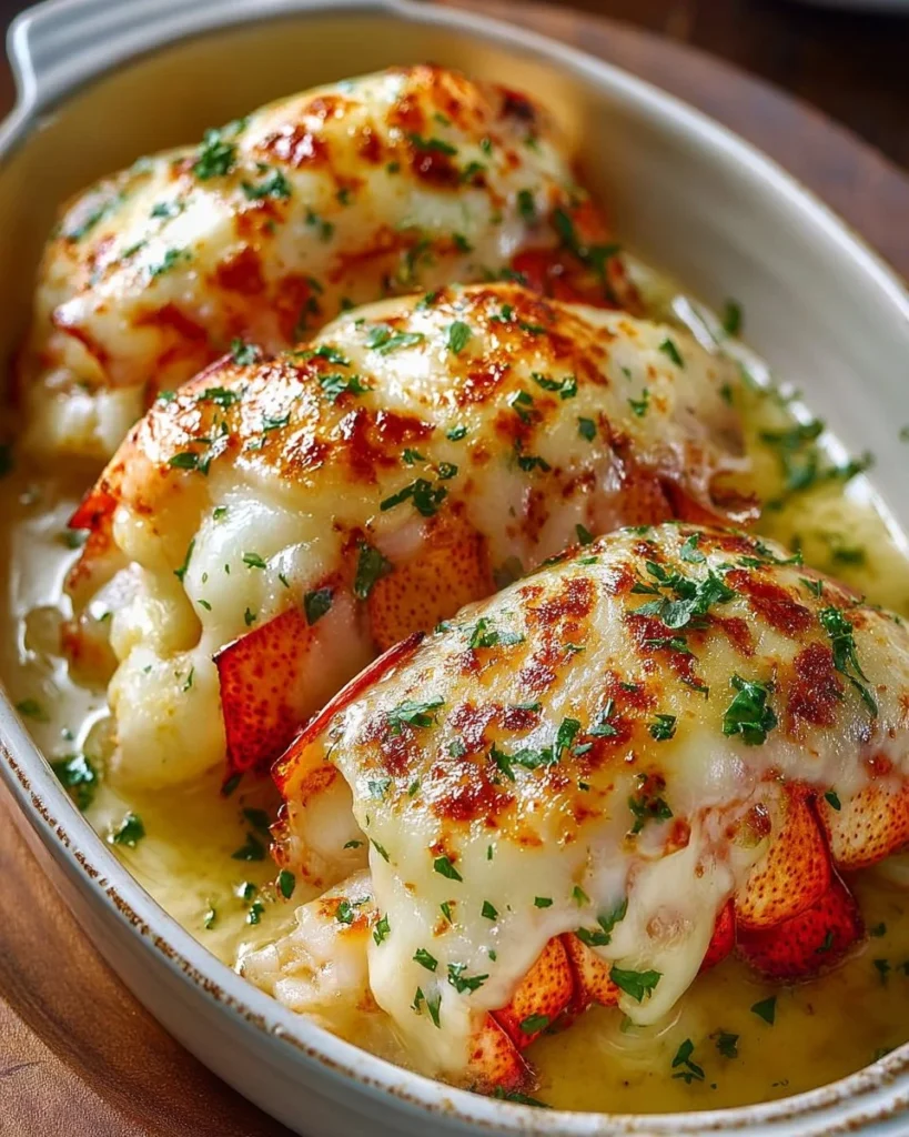 Broiled lobster tails served in creamy garlic butter sauce