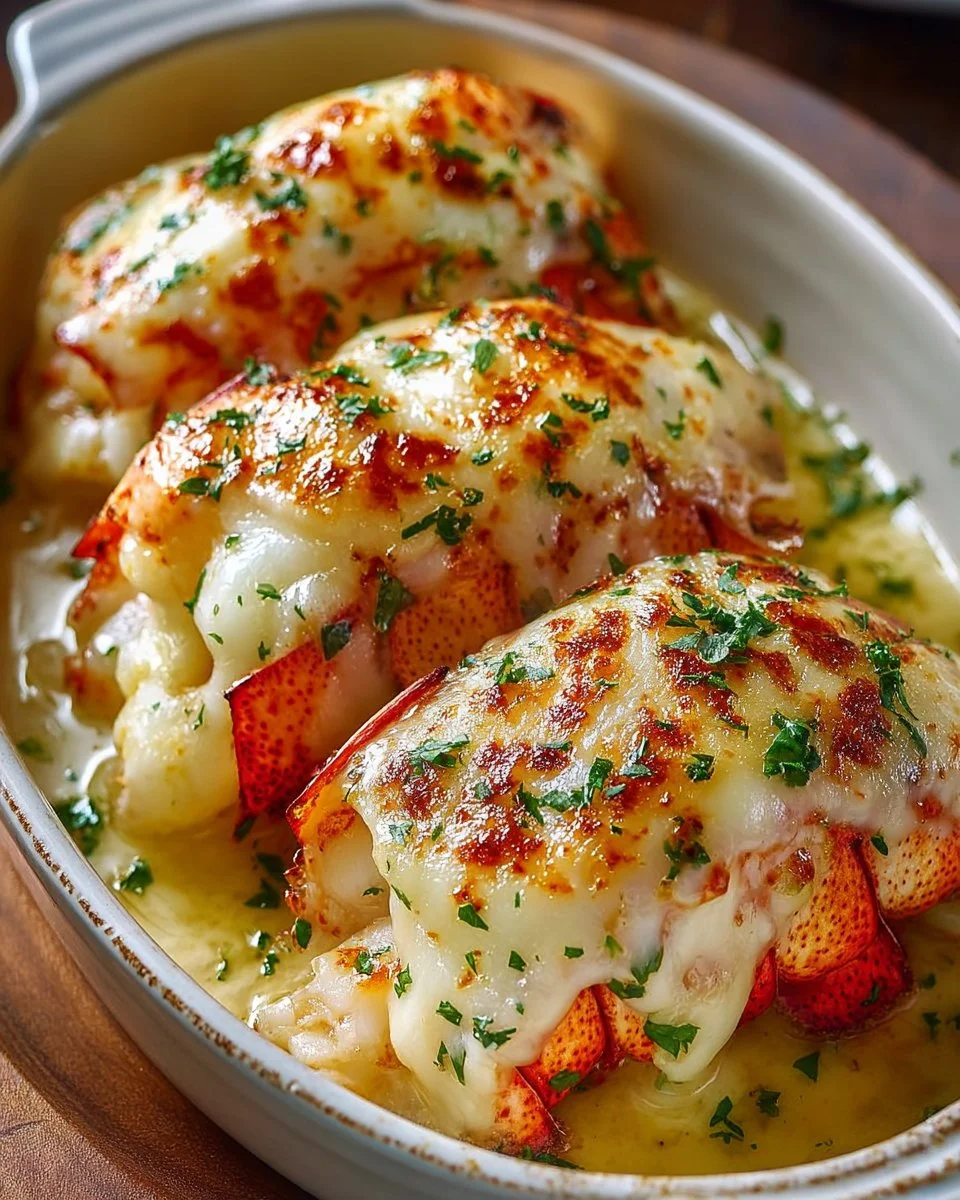 Broiled lobster tails served in creamy garlic butter sauce