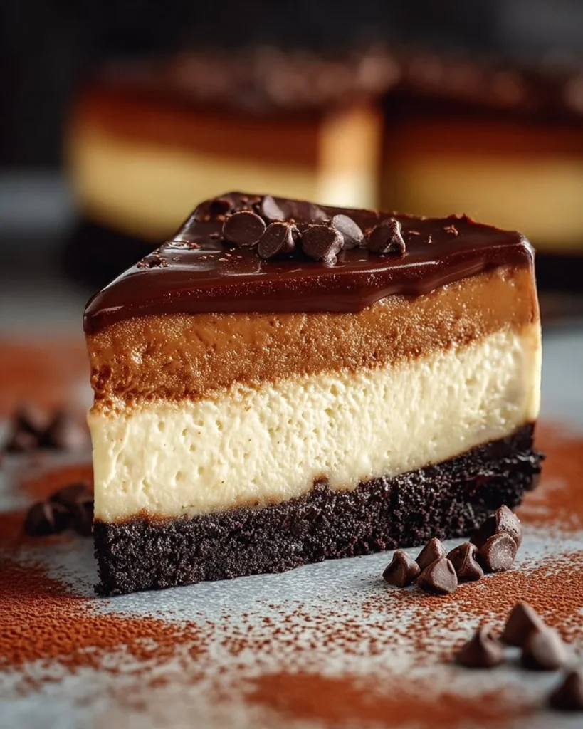 Brownie bottom cheesecake with rich chocolate layers and creamy topping.