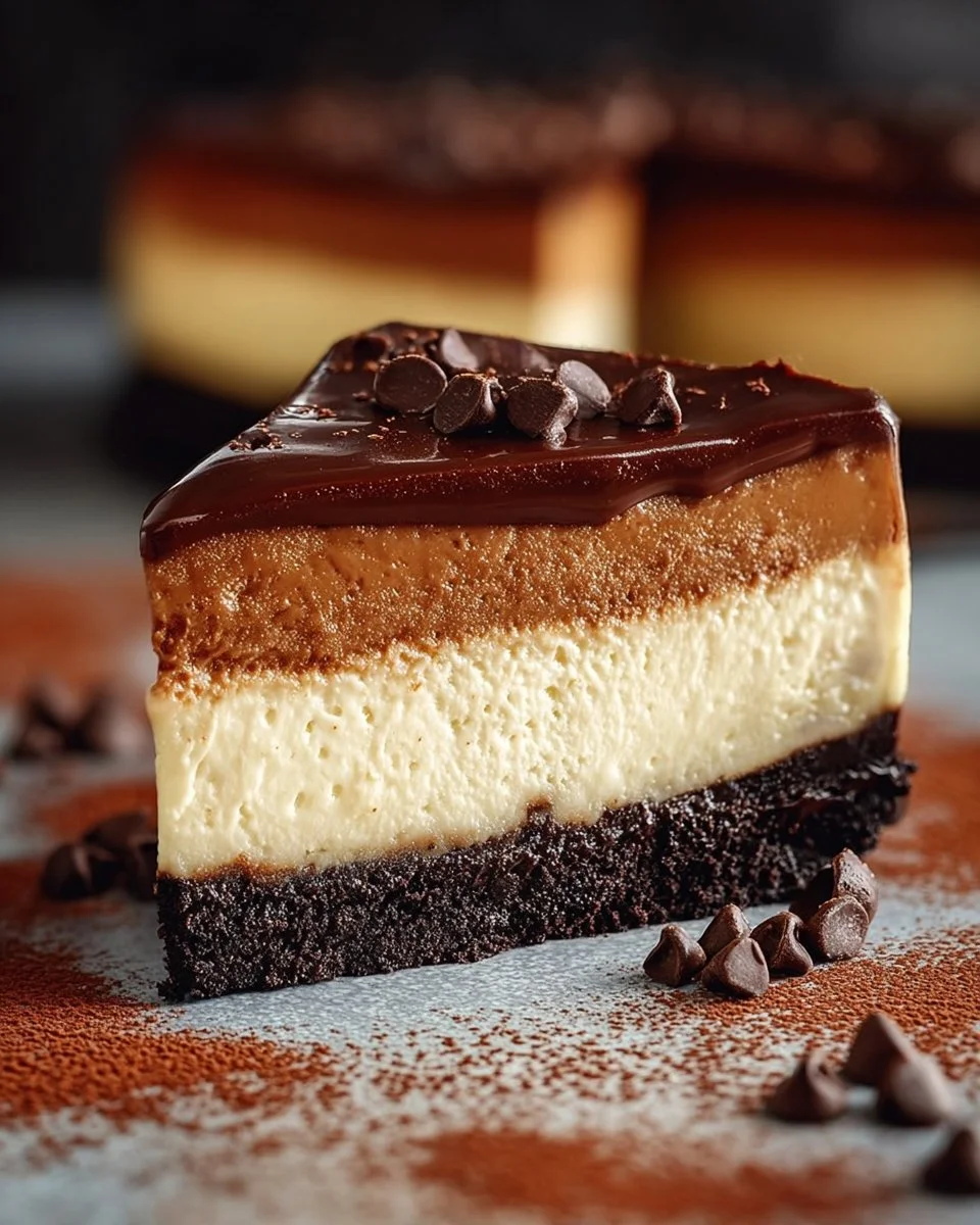 Brownie bottom cheesecake with rich chocolate layers and creamy topping.