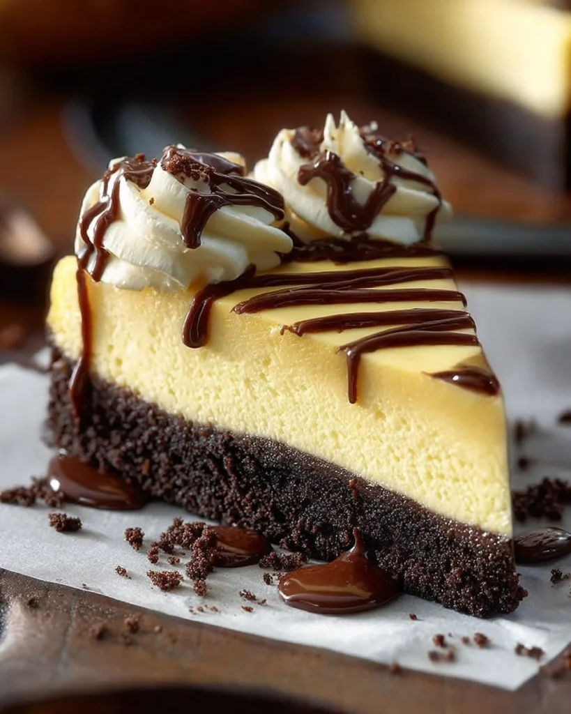 Delicious brownie bottom cheesecake with creamy topping and chocolate drizzle