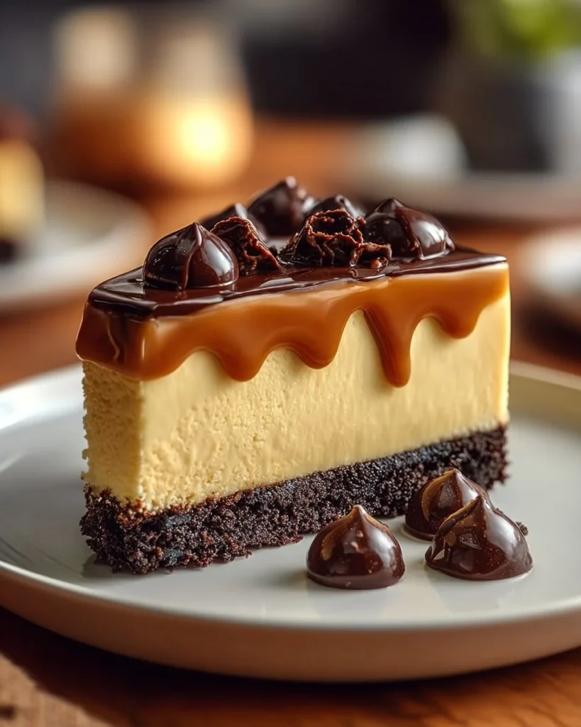 Delicious brownie bottom salted caramel cheesecake with a creamy top layer.