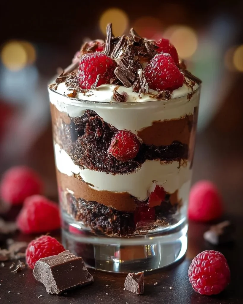 Delicious brownie cheesecake parfait layered with fudge and cheesecake