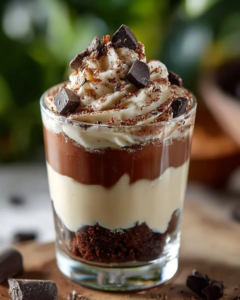 Layered Brownie Cheesecake Parfait with chocolate and cream layers