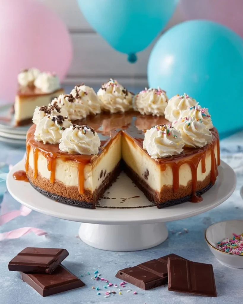 Rich Brownie Cheesecake topped with creamy Dulce de Milk