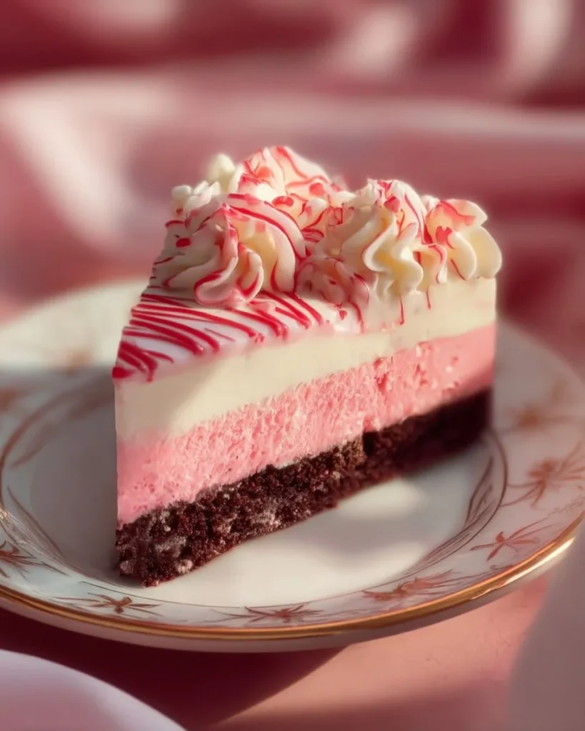Delicious Brownie Peppermint Cheesecake with chocolate and peppermint toppings