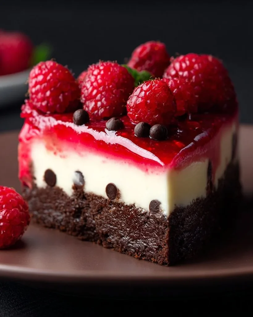 Brownie Raspberry Cheesecake dessert with rich chocolate and raspberry topping