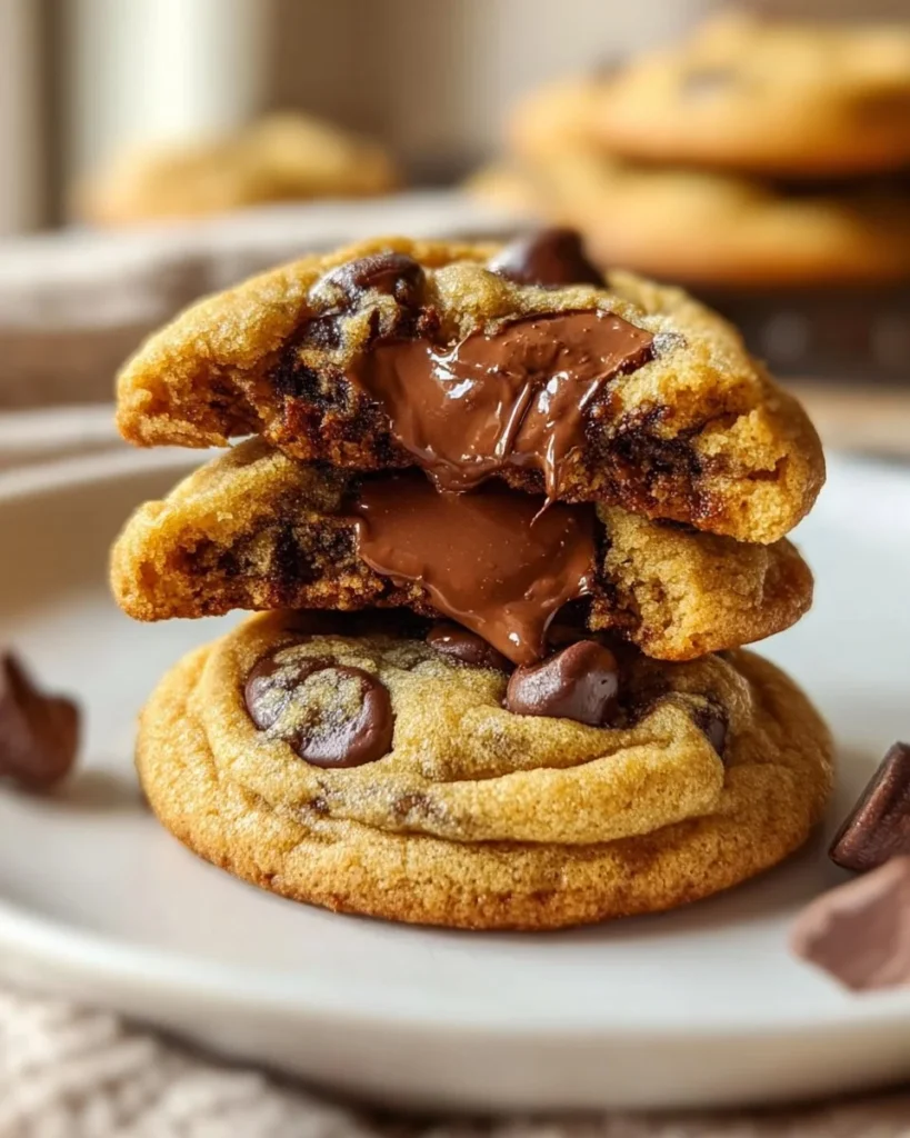 Delicious brownie-stuffed chocolate chip cookies stacked on a plate
