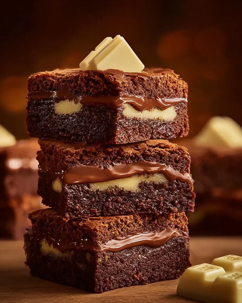 Delicious brownies topped with Nutella and Kinder chocolate for a tasty dessert