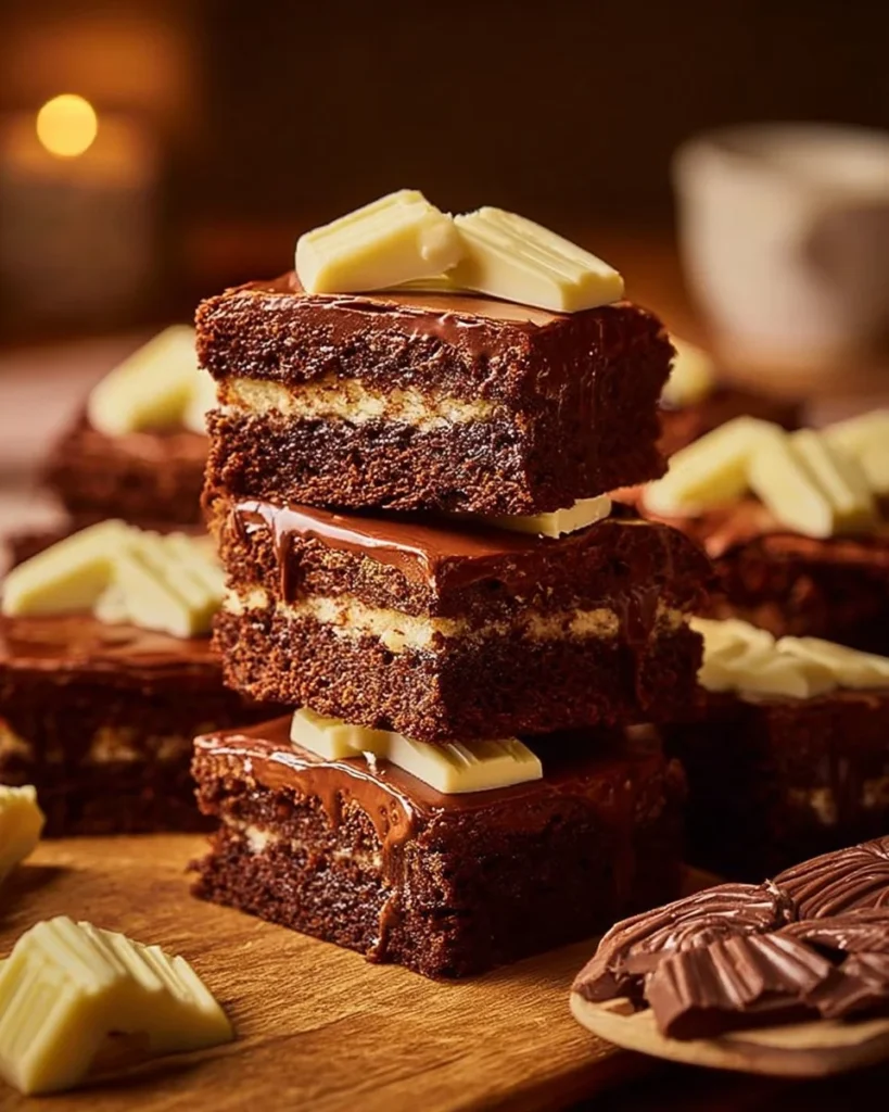 Delicious brownies topped with Nutella and Kinder chocolate pieces.
