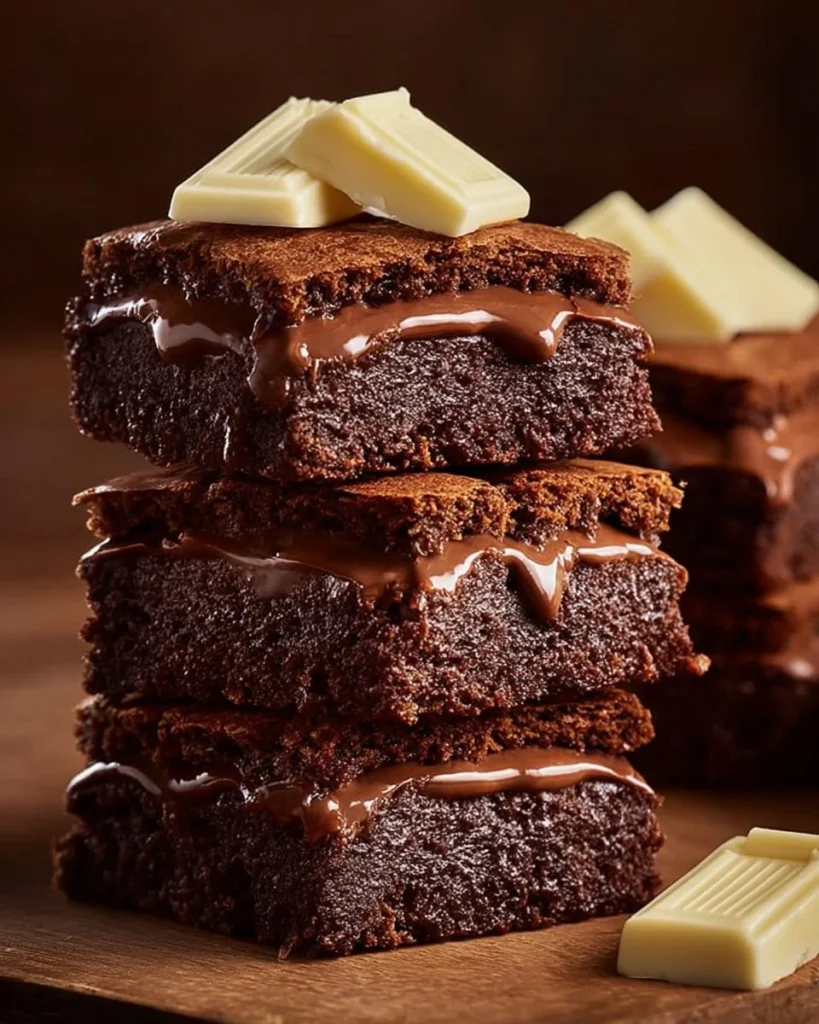 Delicious Nutella brownies topped with Kinder chocolate pieces.