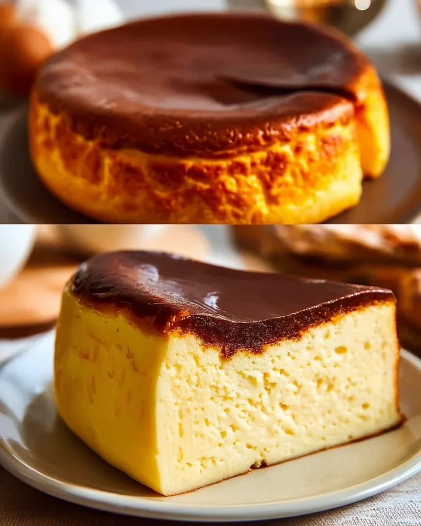 Slice of burnt Basque cheesecake on a plate with a fork
