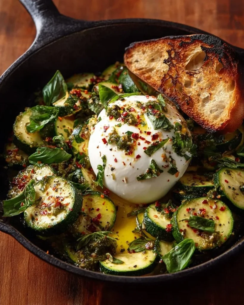 Burrata cheese served with herbed zucchini dish