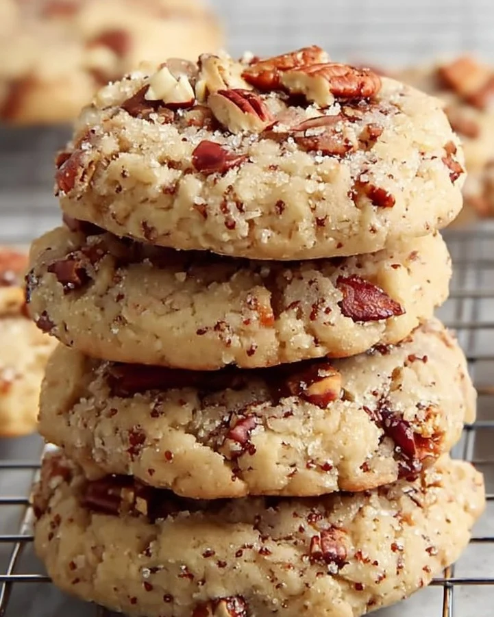 Freshly baked butter pecan cookies with chopped pecans on top.