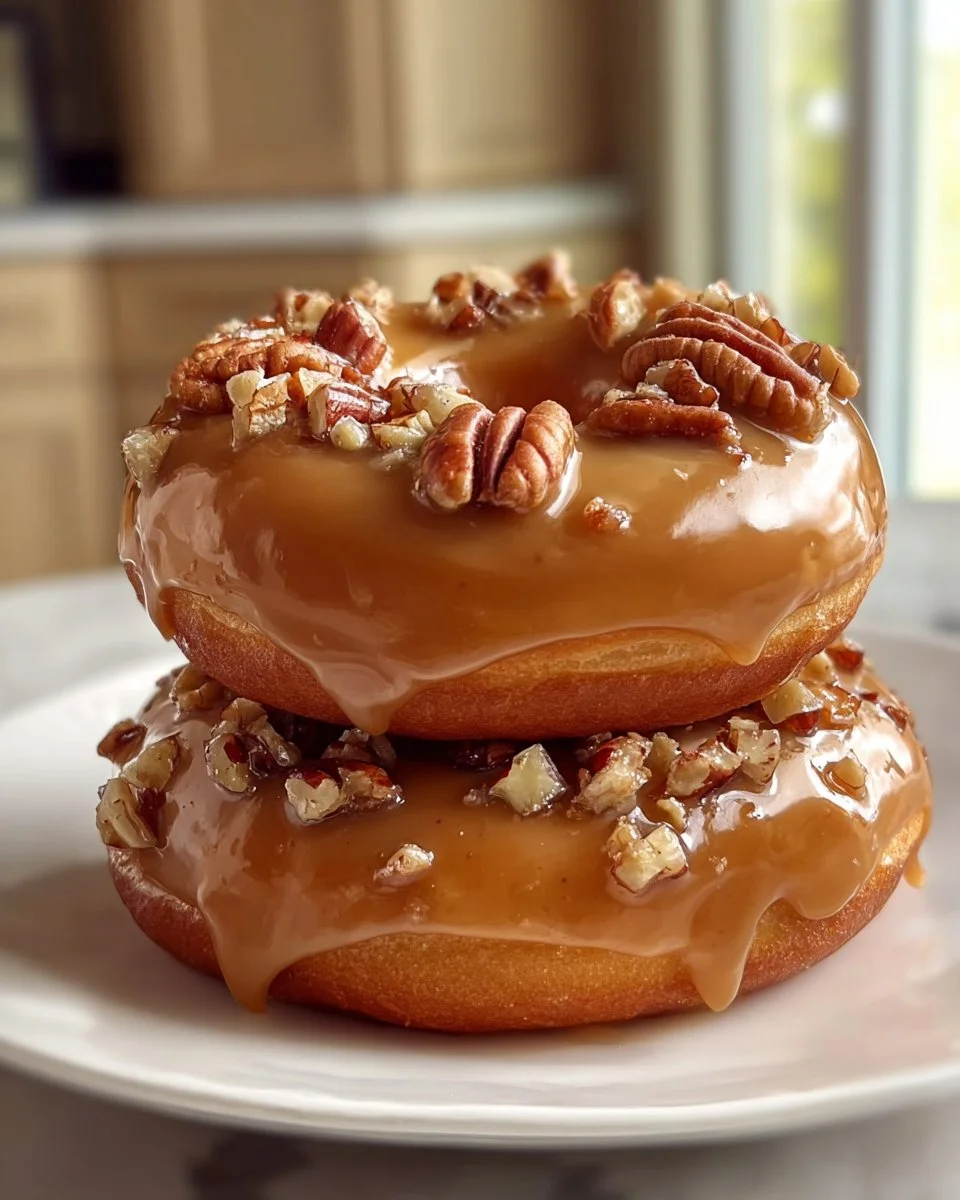 Delicious butter pecan donuts topped with nuts and icing