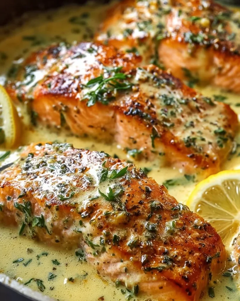 Delicious Butter Salmon drizzled with Lemon Cream Sauce on a white plate
