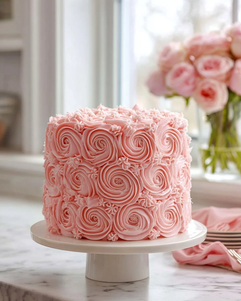 Beautiful Buttercream Rose Cake decorated with pink buttercream flowers