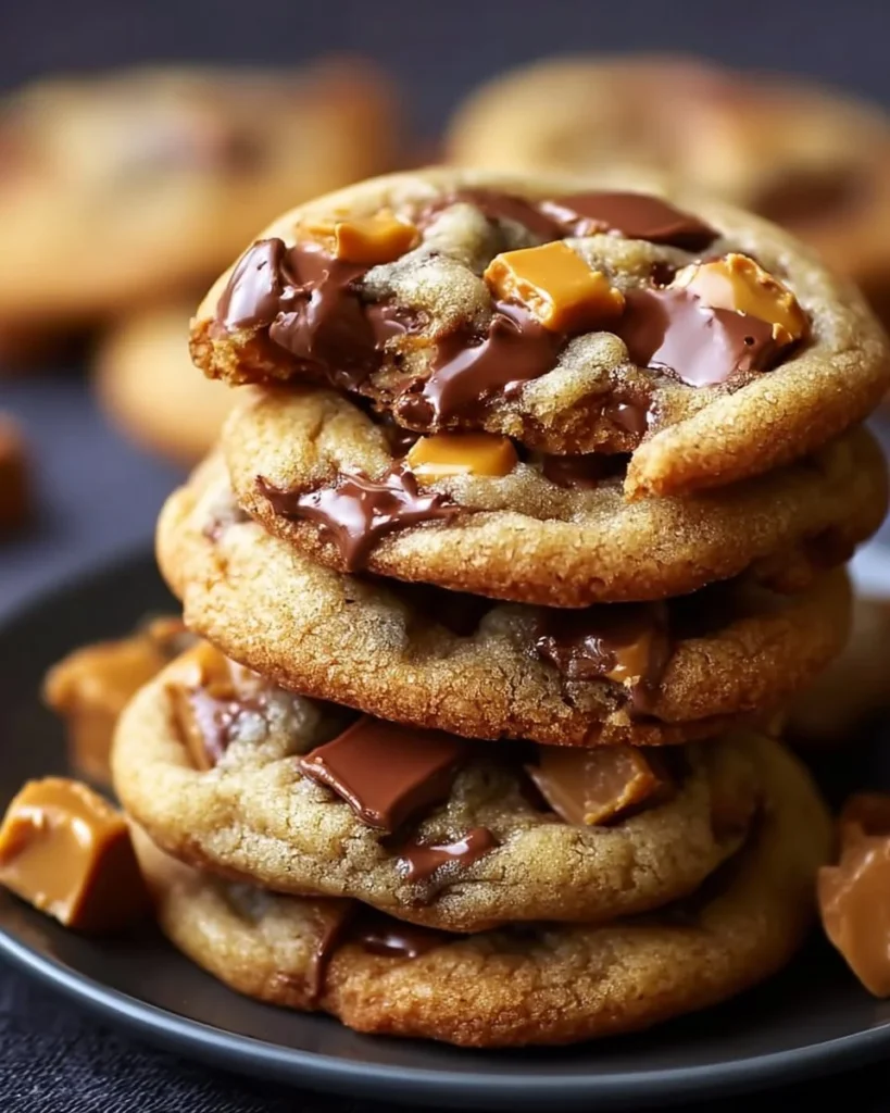 Delicious Butterfinger Caramel Crunch Cookies with caramel and chocolate bits.