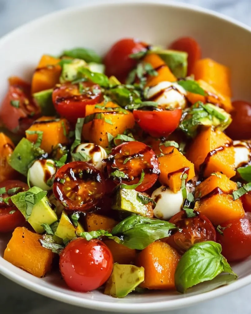 Colorful butternut squash caprese salad with fresh mozzarella and basil
