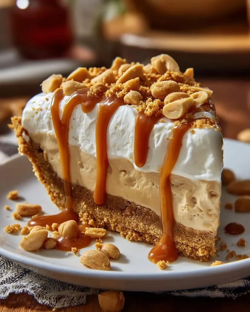 Delicious Butterscotch Heaven Pie topped with whipped cream and butterscotch drizzle.
