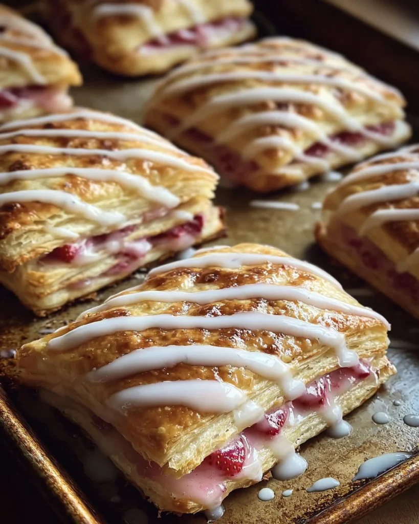 Buttery rhubarb poptart slabs ready to be served on a rustic wooden table.